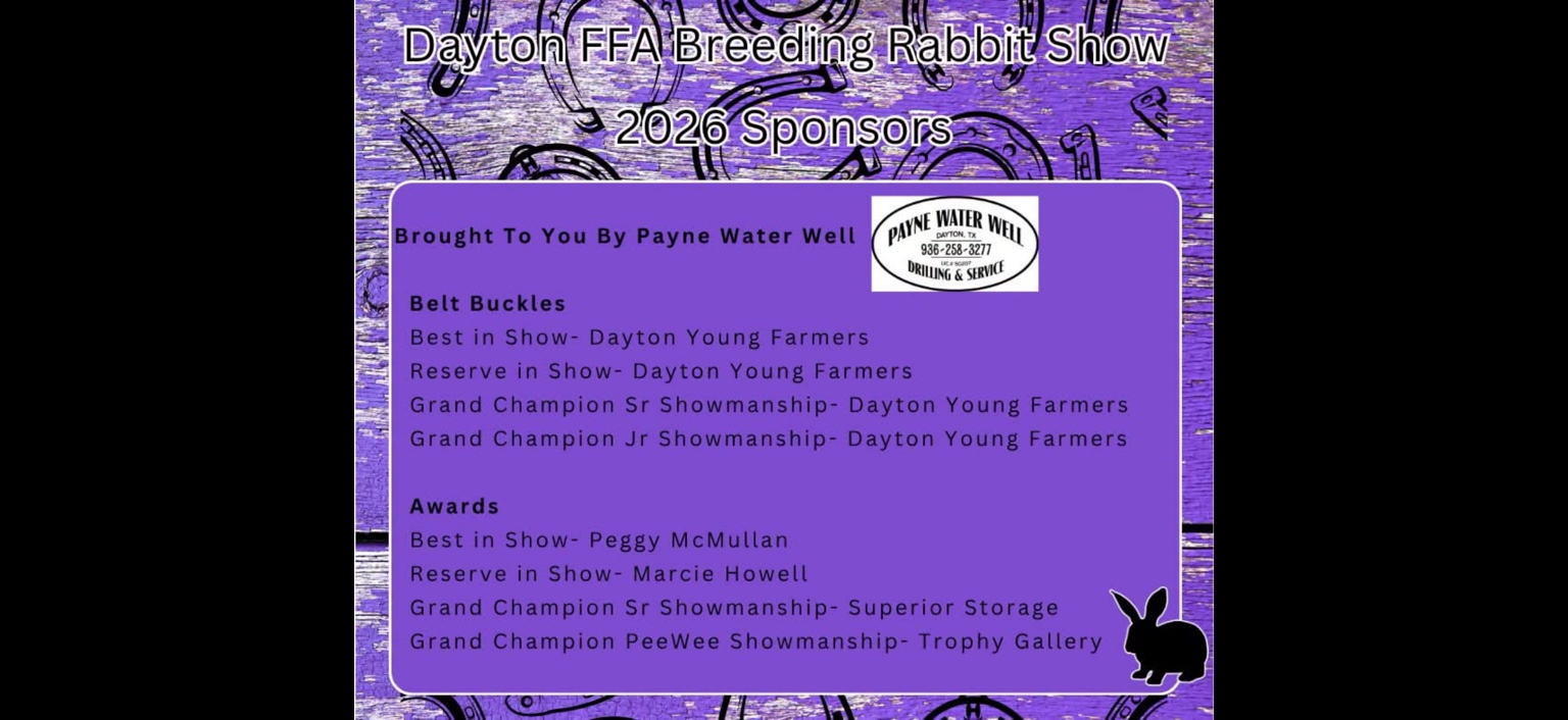 2026 Dayton FFA Breeding Rabbit Show sponsor graphic naming Payne Water Well